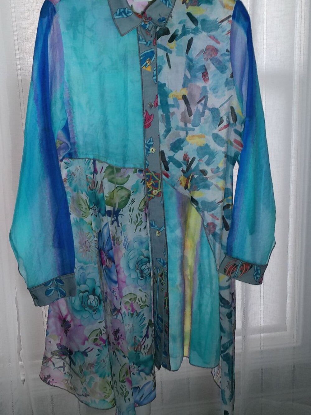FLEUR DE LIS Long Slve Collared Button-UP Watercolor Floral Sheer Tunic/Dress L